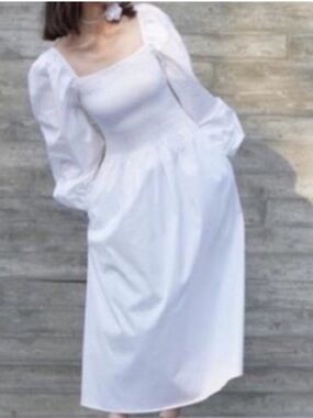 COS Cotton Dress 2023 Off-The-Shoulder Smocked Midi Dress - White Size 6 NWT